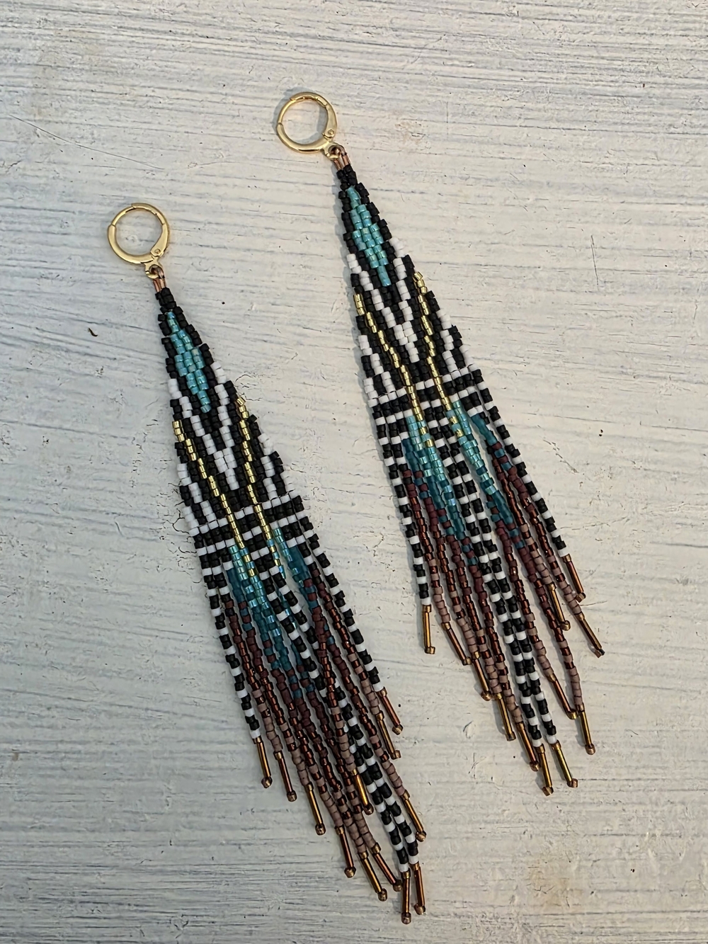 Handmade Teal, Black & White Seed Bead Feather Earrings